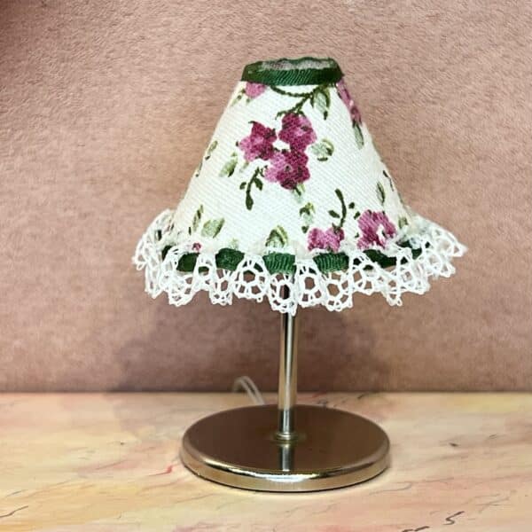 Miniature lampe / stof lampeskærm m burdeaux blomster